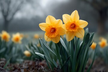 Obraz premium Serene Daffodils: A Pair of Yellow Blooms in a Misty Meadow