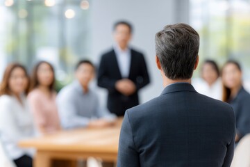 Businessman Addressing Attentive Audience: A Serene Corporate Meeting