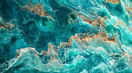 Naklejka premium A mesmerizing abstract image of swirling turquoise and teal hues, accented with shimmering gold, resembling a cross-section of exotic stone.