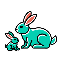 Obraz premium Mother rabbit and kit, teal line art, for children's books