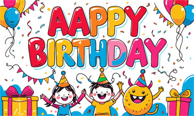 A colorful 'Happy Birthday' text in a playful modern vector cartoon style with bold, easily scalable and editable.