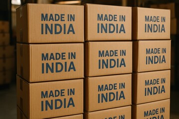 Boxes stacked high with Made in India labels, showcasing craftsmanship and trade in an industrial setting