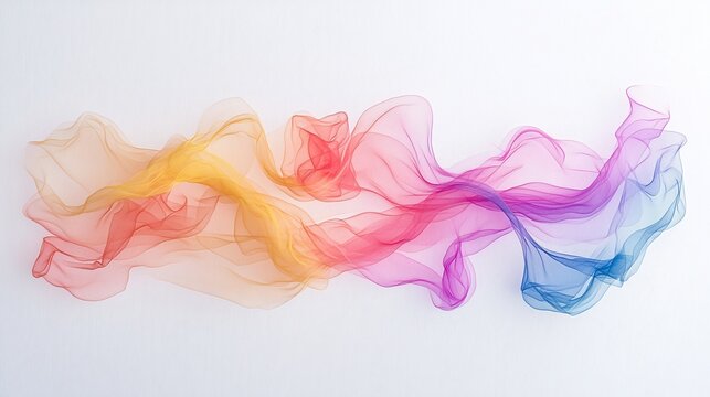 Rainbow Translucent Ribbon Threads Flowing on White Background