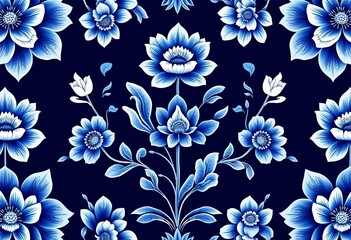Intricate royal indigo blue Thai floral porcelain pattern, seamless vector design, texture, repeat
