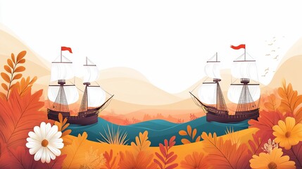 Historical Ships on the Autumnal Sea with Foliage and Warm Colors Background