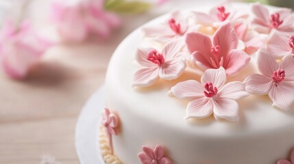 Elegant white cake adorned with delicate pink sugar flowers exquisite details