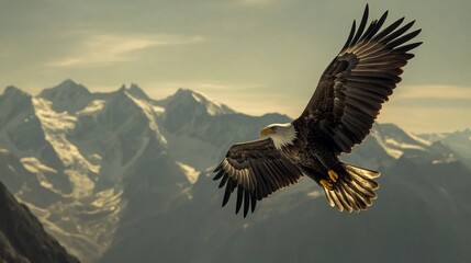 Majestic eagle soars through the mountainous skies, freedom and nature