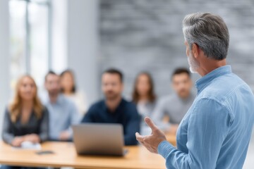 Speaker Addressing Attentive Audience in Modern Office Setting