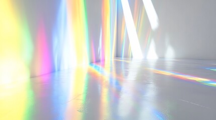 Prismatic light streams create rainbow effect in an empty white room