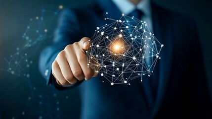 Businessman's interaction with a complex digital network structure concept