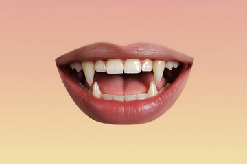 Fototapeta premium Closeup of lips with long vampire fangs against a blurred background art