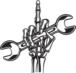 human skeleton hand holding wrench and showing middle finger gesture 