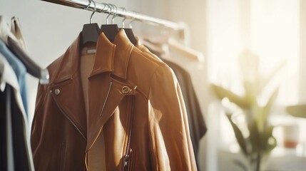 Stylish Brown Leather Jacket Hanging on Rack in Sunlit Boutique