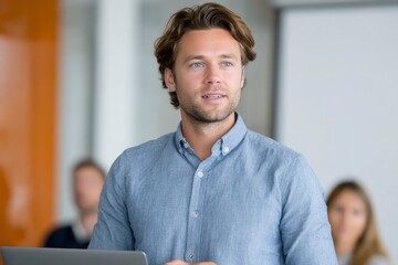 Confident Man in Blue Shirt, Thoughtful Expression, Modern Office Setting