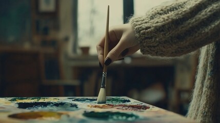 Creative artistic process, artist immersed in the world of art at studio