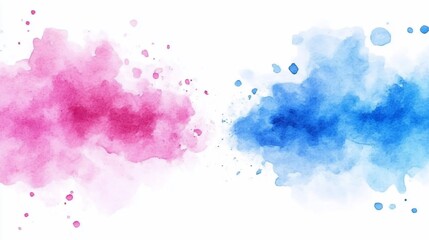 Artistic watercolor splashes of pink and blue on white background design