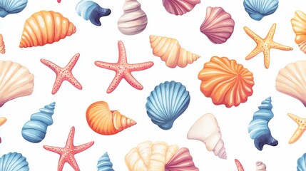 Watercolor seashells and starfish pattern in vibrant oceanic hues backdrop