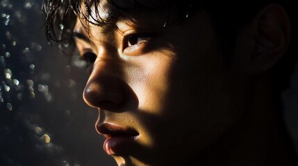 A captivating close-up portrait emphasizing the beauty of subtle sunlight effects