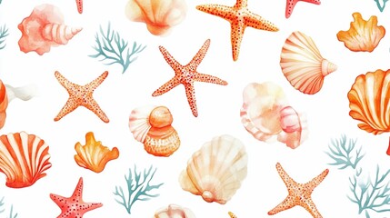 Watercolor Seamless Pattern Featuring Seashells and Starfish on White Backdrop