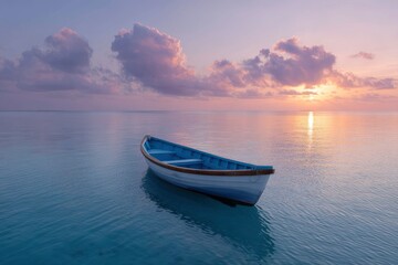 Naklejka premium Serene Sunset: A Small Boat at Peaceful Dawn