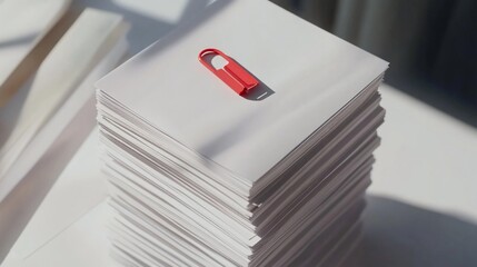 Stack of crisp white paper sheets accented with vibrant red paper clip