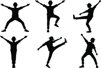 Silhouettes of a person in various dancing poses wearing a hat on a white background illustration