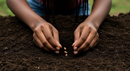 Hands planting seeds in dark soil outdoors