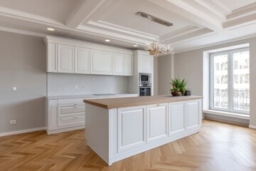 Fototapeta premium Elegant White Kitchen: Classic Design with Herringbone Floor