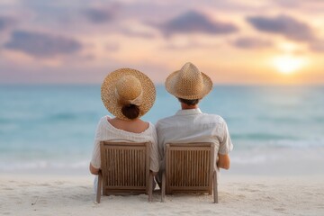 Couple in Straw Hats Enjoying Serene Sunset Beach View