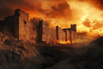 Fototapeta premium Crumbling walls of the ancient fortress of Jer under dramatic sunset skies, revealing a history of strength and resilience in a timeless landscape of stone