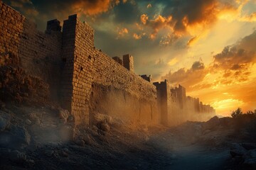 Crumbling walls of the ancient fortress of Jer stand against a dramatic sunset with vibrant clouds illuminating the historical site