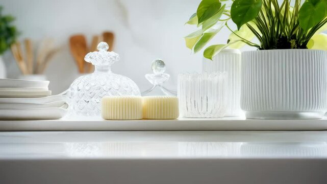 Elegant tabletop still life features green leafy plant, ceramic dishes, sculpted crystal glass objects, and minimalist white aesthetic