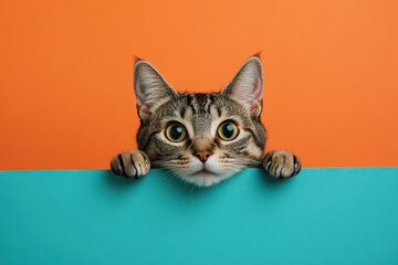 Cute cat peeking over vibrant orange and teal surface, showcasing playful demeanor and curiosity in a cozy indoor setting