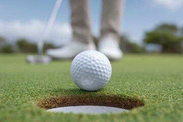 Obraz premium Golf Ball Nearing the Hole: A Serene Putting Green Scene