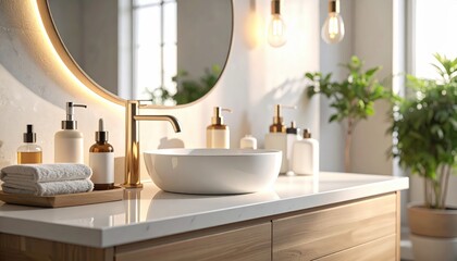 Fototapeta premium Modern bathroom vanity with round mirror and natural light creating a fresh and relaxing atmosphere