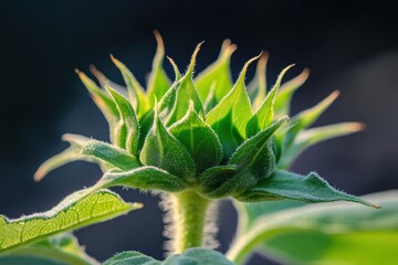 Close-up of a vibrant green sunflower bud