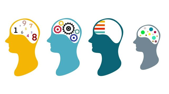 four human profiles showing different brain activity types using colorful symbols representing thinking, logic, creativity, and data processing