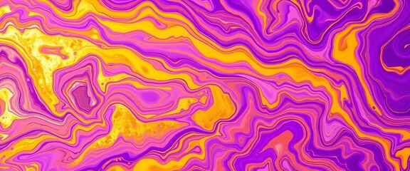 Fototapeta premium Liquid acrylic pour, purple yellow gold swirls background, graphic design, illustration