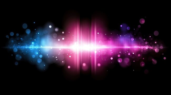Vibrant, glowing, audio waveforms with sparkling bokeh effects in pink, purple, and blue