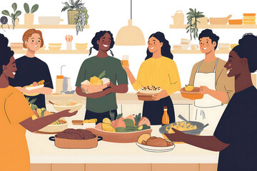 People with diverse skin tones enjoying a potluck in a community space