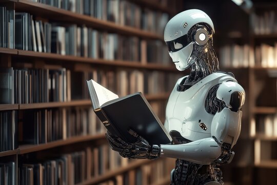 Cyborg in futuristic school library engages in reading a book to enhance knowledge and understanding of concepts in a modern educational setting