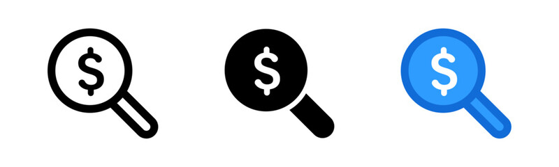 Magnifying glass icon with dollar sign, representing financial search, money analysis, or economic research in minimalistic design with black, white, and blue variations