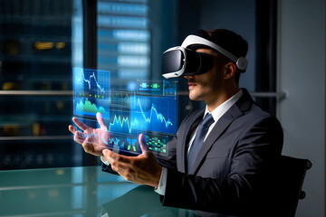 Photo of Businessman using virtual reality headset analyzing financial data