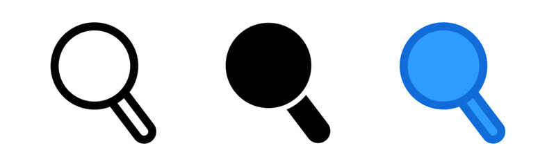Magnifying glass icon set representing search, zoom, and investigation in minimalistic design with black, white, and blue color variations