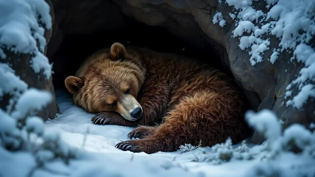 A bear sleeps in a hidden den, curled up peacefully, breathing slow during winter hibernation