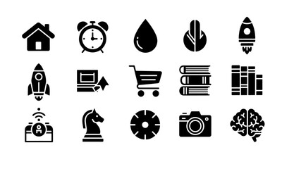 The set includes icons for home, alarm, water, nature, rockets, technology (laptop, Wi-Fi), e-commerce (shopping cart), education (books), strategy (chess knight), media (CD, camera), and intelligence