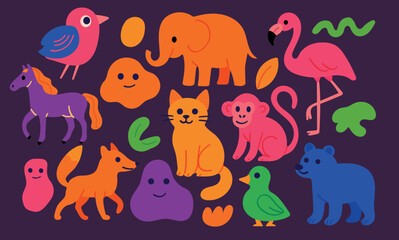 Colorful cartoon animals collection. Set includes cat, horse, elephant, flamingo, bear, monkey, fox, bird, duck, abstract blobs and decorative leaves. Bright flat style design
