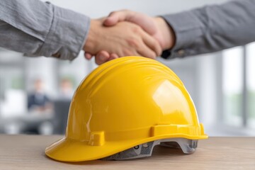 Yellow Hard Hat and Business Handshake: A Partnership Deal Image