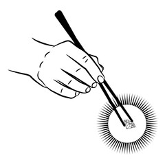 Human hand holding shining diamond gem with chopsticks. Creative concept. Black and white silhouette.