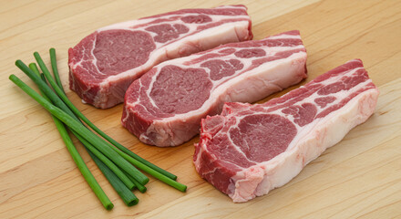 Fototapeta premium Fresh raw lamb chops and green onions on a wooden cutting board, ready for a delicious meal